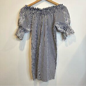 La Classe Couture Off the Shoulder Striped Cotton Embroidered Dress White Blue